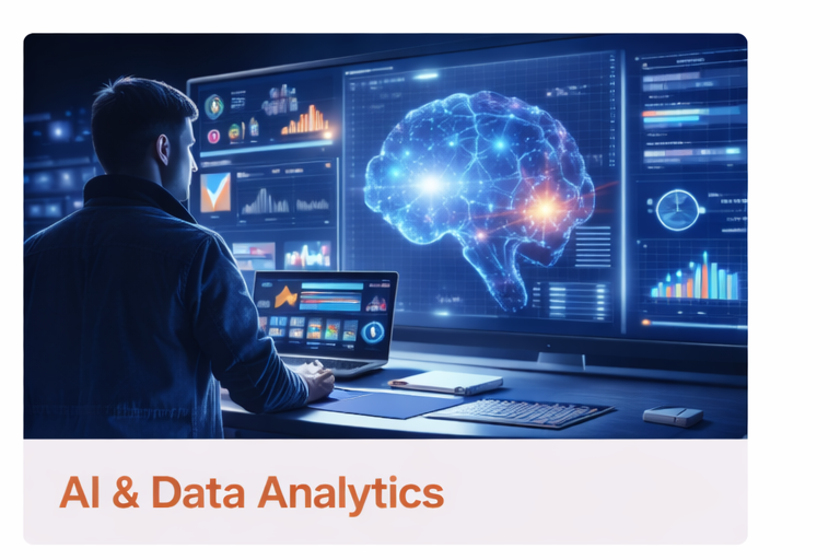 Illustration of a data analyst reviewing AI-driven dashboards and insights.